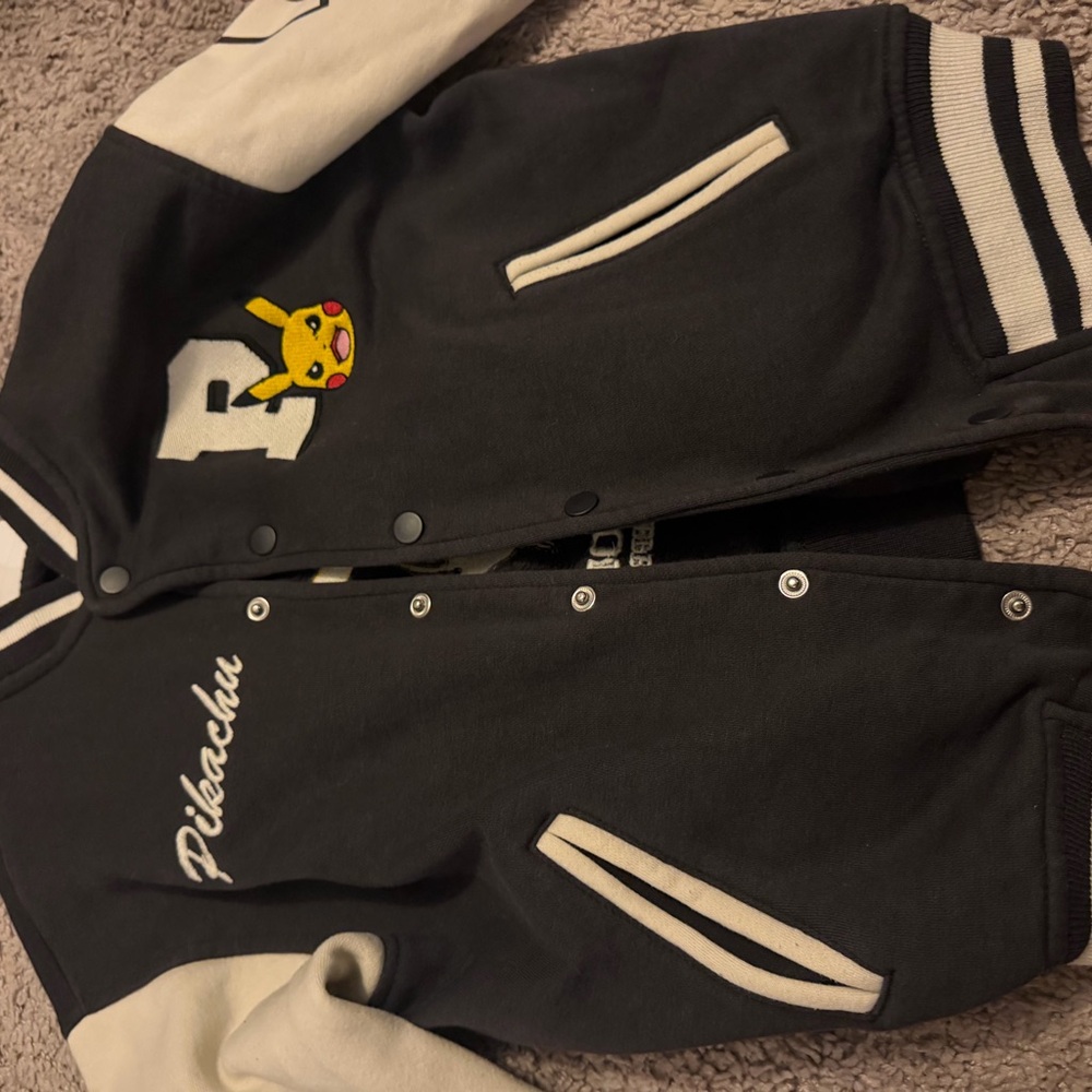 Zara Black and Cream Pikachu Patch Kids Varsity Jacket